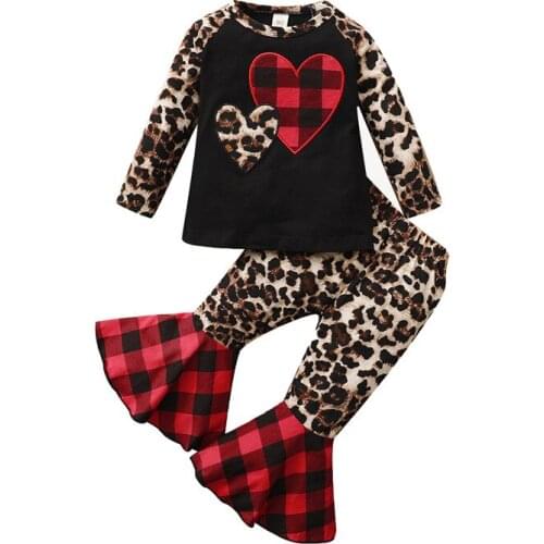 Girls Casual 2 PCS Clothes Set Long Sleeve Plaid and Leopard Printed Pattern Round Collar T shirt Top Flared Pants Girls Sets