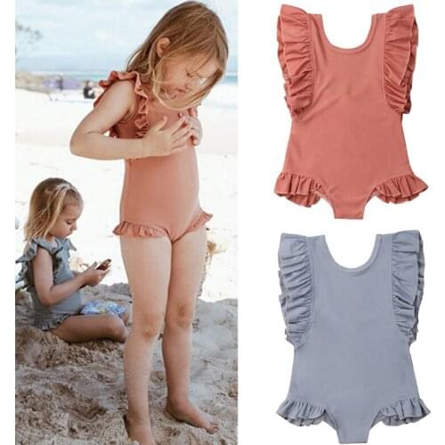 Holiday Cute Toddler Kids Baby Girl Swimwear Ruffles Sleeve Solid Jumpsuits Summer Swimsuit Bathing Suit Swimming Clothes