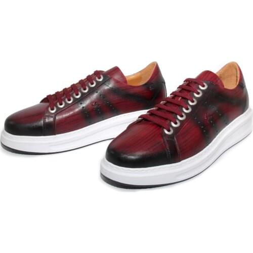 Premium Handmade Sport Sneaker, Hand Dyed Patina Leather, Striped Pattern, Exciting Design Burgundy Wine Color, Lightweight Sole