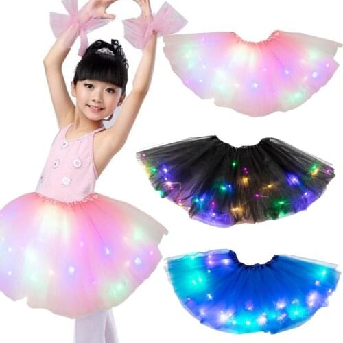 Glowing Light LED Girls Party Pleated Fluffy Layered Tulle Tutu Skirts