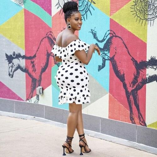 =Women Mini Dress White Wave Point Ruffles Off Shoulder Sexy Bodycon Club Outfits Summer