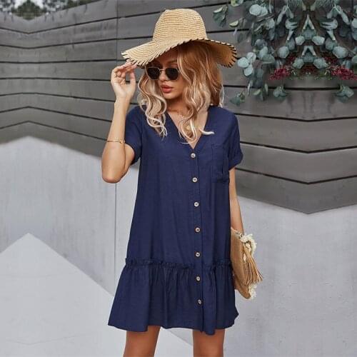 Spring New Solid Short Dress Women 2021 Casual V Neck Single Breasted Summer Dress Ladies Loose A Line Dresses