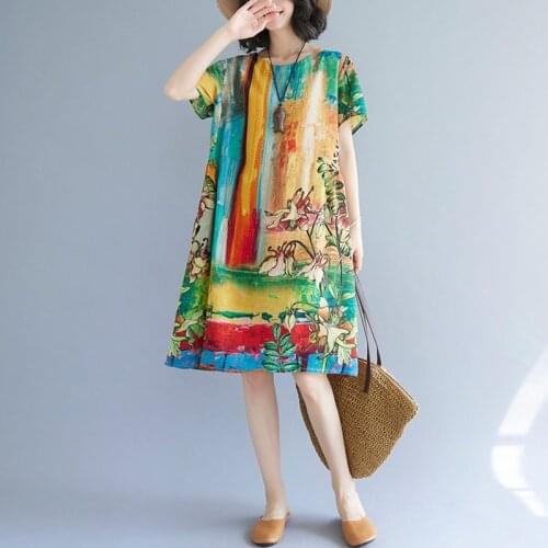 Women Summer Casual Dress New Arrival 2021 Vintage Style O-neck Floral Print Loose Comfortable Female Knee-length Dresses B160