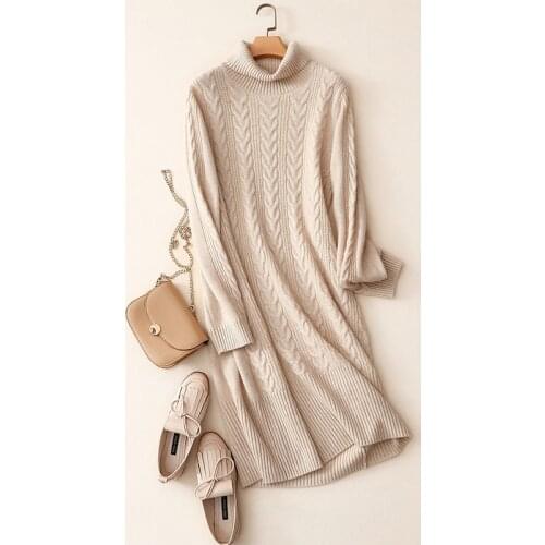 100% cashmere turtleneck dress women long cable knitted loose winter casual pullovers