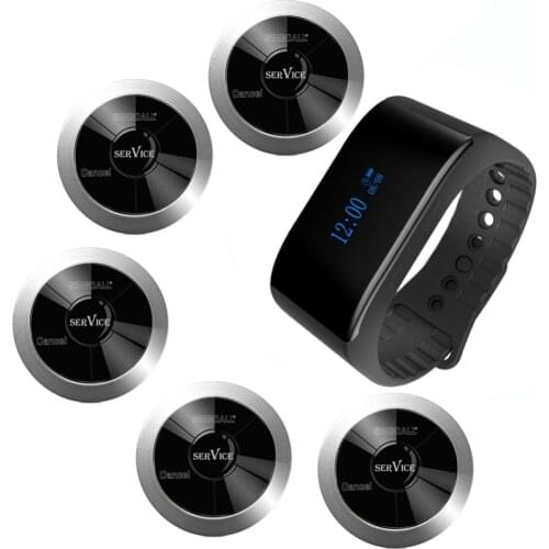 SINGCALL Wireless Call Bell System Food Order System, 1 APE6900 Waterproof Mobile Receiver and 5 APE320 Bell Buttons