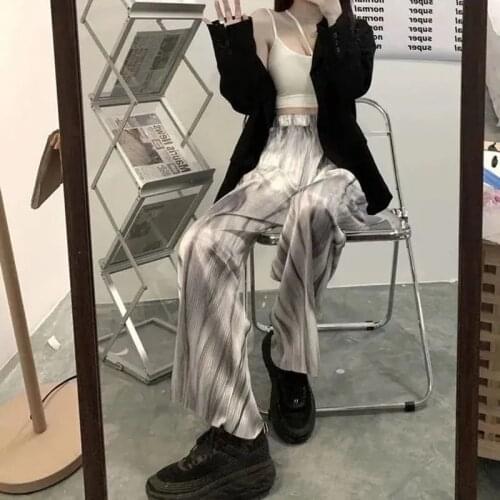 Tie Dye Fluid Trousers Folds Summer Pants For Women Thin Loose Black Aesthetic Vintage Korean Fashion Wide Leg Pant Plus Size