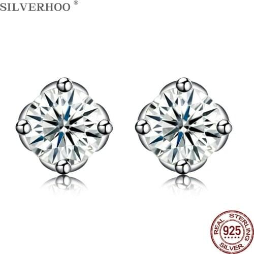 SILVERHOO S925 Sterling Silver Earrings For Women Flower Shape 5A Cubic Zirconia CZ Stud Earring Shining Clearly Fine Jewelry