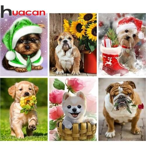 Huacan Diamond Painting Full Square New Arrival Dog Diamond Mosaic Sunflower Embroidery Home Decoration