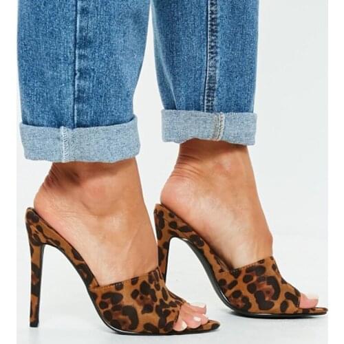 JINJOE Women Leopard High Heels Mules Pointed Toe Sexy pumps Women Slides Female Thin High Heels Female Outdoor Slippers