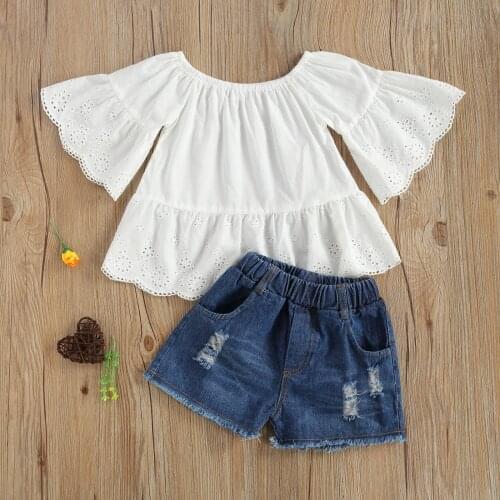 Girls Ruffle Sleeve and Shorts Set Fashion Solid Color Round Neck Hollow Cotton Tops and Ripped Denim Short Pants 2PCS Set