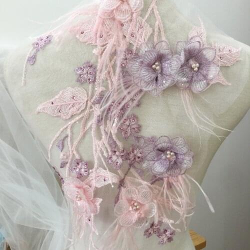 2 pieces Lilac rhinestone pearl beaded 3D flower lace applique OSTRICH feather lace pacth motif dance costumes