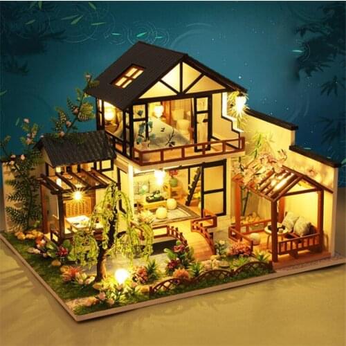Miniature Dollhouse DIY Handmade Dollhouse Bamboo Garden Doll House Kit Gift For Children Adults Chinese Retro Architecture