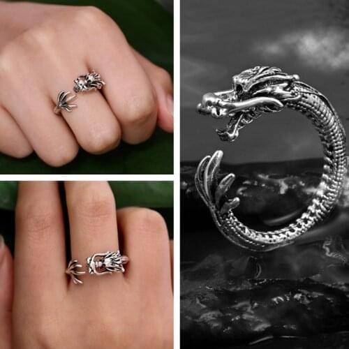 ZOSHI Retro Punk Dragon Skull Ring for Men Women Exaggerated Antique Siver Color Opening Adjustable Finger Rings Cool Jewelry