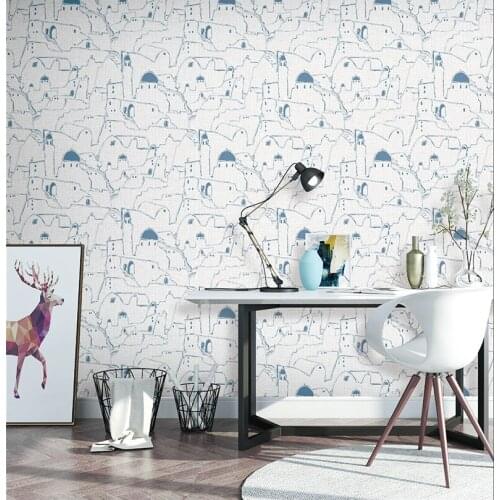 Mediterranean Style Wallpaper Blue And White Castle Architecture Nordic Fashion Living Room Bedroom Background Pvc Waterproof
