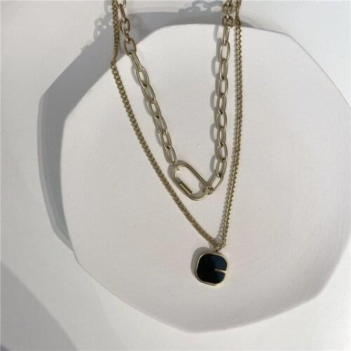 Origin Summer Punk Metal Double Layer Hollow Out Black Square Geometric Pendant Necklace for Women Chunky Chain Necklace Jewelry