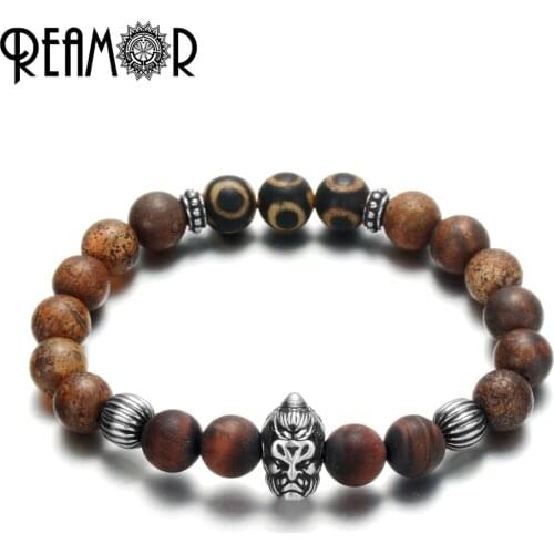 REAMOR Natural Tiger Eye Stone Onyx Elastic Bracelet Stainless Steel Two-Face Devil Buddha Head Bracelets 2019 New Men Jewelry
