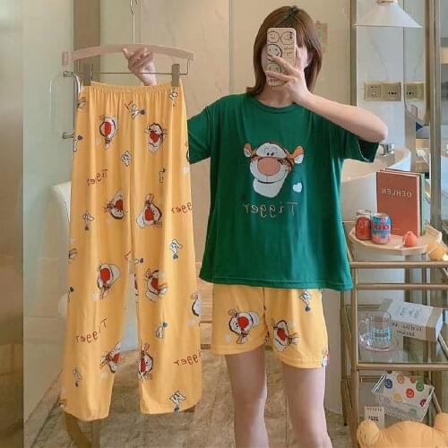 Cartoon Short Sleeve Pajamas Set For Women Cotton Sleepwear 3pcs Nightwear Cartoon Duck Mickey Homewear Summer Pyjamas
