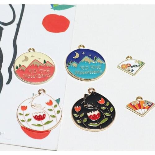 6pcs Cartoon Cute Earrings for Women Street Fox hill pattern alloy drop oil round fan-shaped pendant diy jewelry accessories