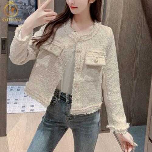 SMTHMA Runway Style Tweed Short Jacket Women 2021 New Autumn Winter Casual Vintage Coat Women Elegant Female Top