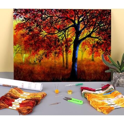 Natural Scenery Autumn Fire Printed Fabric 11CT Cross-Stitch Embroidery Full Kit DMC Threads Handicraft Promotions