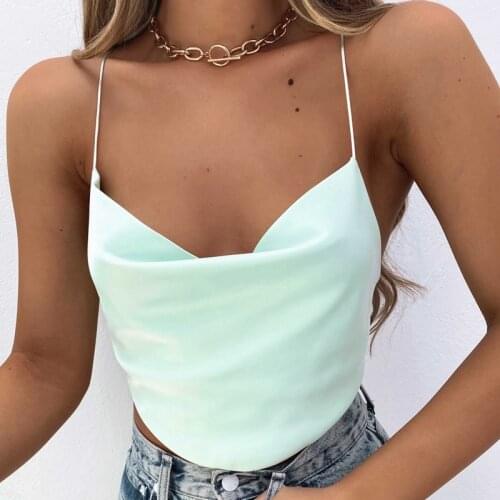 Chic Women Sexy Satin Backless Lace-up Tops Hot Summer Sleeveless Spaghetti Strap Crop Top for Club Party Streetwear Outfit