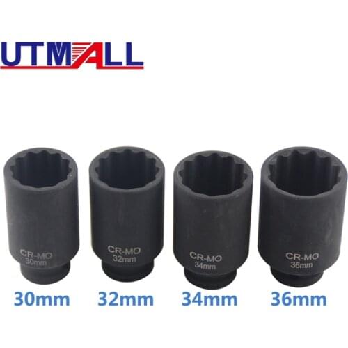 4 Size 1/2"DR 12 Point Impact Socket Spindle Axle Nut Socket Hub Axle Nuts Removing Installing Tool 30mm 32mm 34mm 36mm