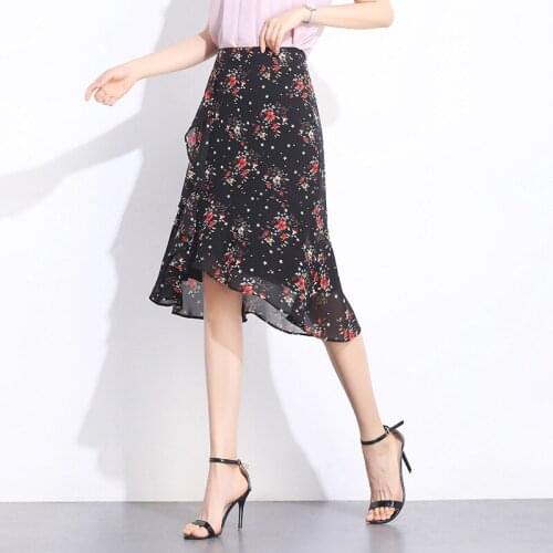 2020 Summer New Arrival Korean Style Floral Printed Chiffon Skirt High-waisted Irregular Skirt Sweet Ladies Skirts Free Shipping