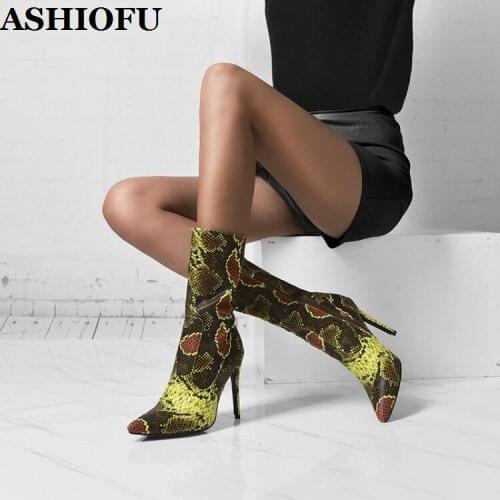 ASHIOFU Hot 2020 New Handmade Womens Stiletto Heels Boots Real-pics Faux-snake Leather Ankle Booties Evening Fashion Club Boots