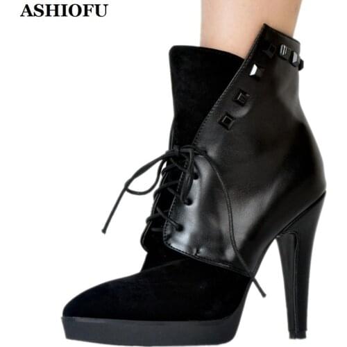 ASHIOFU New Style Handmade Womens High Heel Boots Lace-up Party Prom Ankle Boots Large Size Fashion Evening Club Short Boots