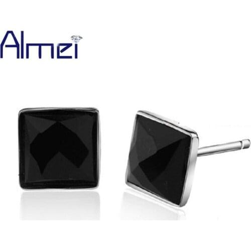 Almei Earrings Men/Women Studs Earring Cubic Zirconia Silver Color Punk Black Homens Earring Boucles D'oreilles Femme JS1012