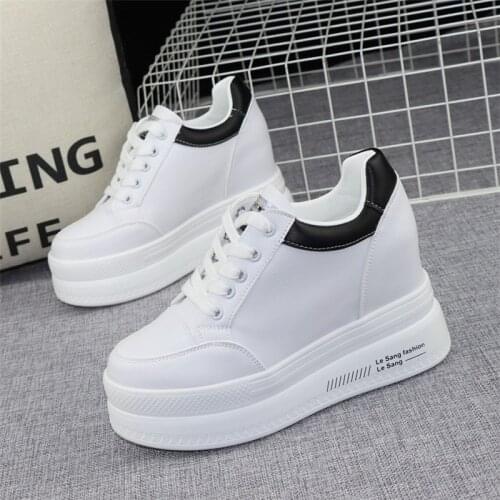Super High Heel 10cm Womens Shoes 2021 Autumn New Thick-soled Lace-up White Shoes All-match Wedge Casual Shoes Sneakers