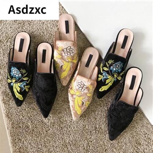 Spring Women Slipper Embroidery Flower Sandal Shoes Slip On Pointed Toe Mules Low Heel Casual Slides Big Size 41
