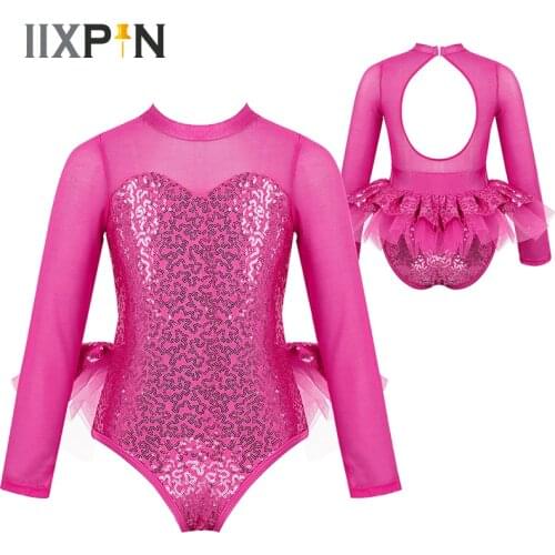 Girls Sparkly Sequin costume Kids Ballet Leotard Dress Tulle Long Sleeves Cutout Back Modern Contemporary Ballroom Dance costume