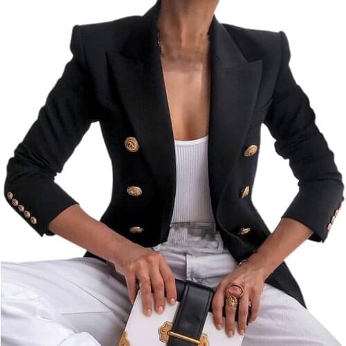 Women Vintage Lapel Pocket Blazer Jacket Double Breasted Solid Color Slim Coat