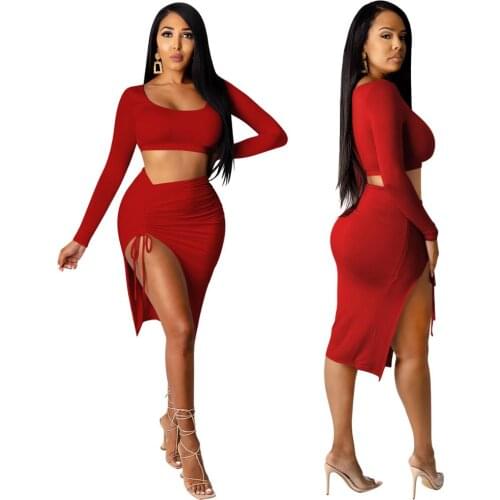Women Sexy 2PCS Outfits Knit Long Sleeve Dress Set Crop Tops Winter Warm Bow Side Split Midi Bodycon Skinny Skirt Party Dress