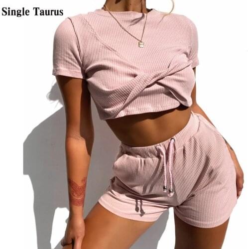 Knitted Piece Set Women Fashion Streetwear Womans Shorts Set 2020 Summer Two Piece Set Top and Pants Knit Pants Set