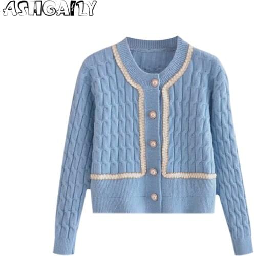 Ashgaily O-Neck Cardigan Pearls Knitted Sweater Women Vintage Button Up Long Sleeve Coat White Colour Knitwears Top