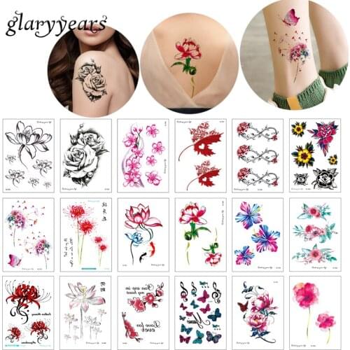 15*10.5cm glaryyears 24 Designs 1 Sheet Flower Tattoo SC Watercolor Drawing Temporary Tattoo Sticker Beauty Body Art Decal Lotus