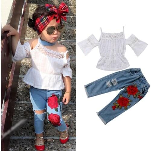 2021 Summer Girl Clothes Off Shoulder Crop Tops embroidered Denim Pants 2Pcs Toddler Outfits Kids Fashion Clothes Set