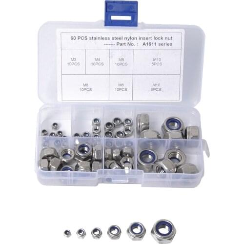 60 Pieces 304 Stainless Steel Lock Nut Assortment 60 Pcs, M3 M4 M5 M6 M8 M10 Self-locking Stop Nuts