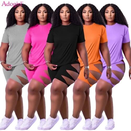 Adogirl Women Solid Casual Two Piece Set Short Sleeve T-Shirt Top Tie Hollow Out Shorts Fashion Tracksuit Sexy Sport Suit
