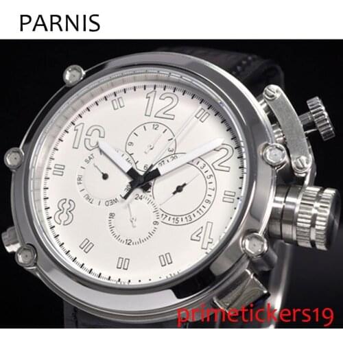 50mm parnis white dial week day date automatic mens watch leather strap