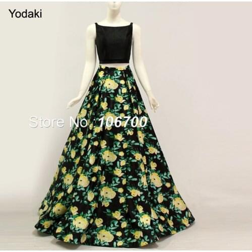 2018 Two Pieces Printed Ballgown Prom Dresses Boat Neck Open Back Pleat Ruched with Pocket Long Black Color Party Evening Gowns