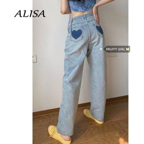 New Fashion High Waist Jeans Women Streetwear Love Pockets Straight-leg Wide Leg Denim Pants Woman Baggy Vintage Long Pants