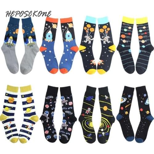 [HEPOSCKONE]Japanese Department College Wind Autumn Winter Style Personality Trend Planet Pattern Men Socks Hipster Skatebord