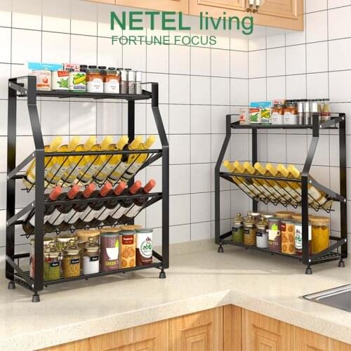 Kitchen Spice Rack Storage Cabinet Stainless Steel3/ 4 Layer Bottle Shelf 4 Tier Kitchen Organizers Thickened Black Anti Rust