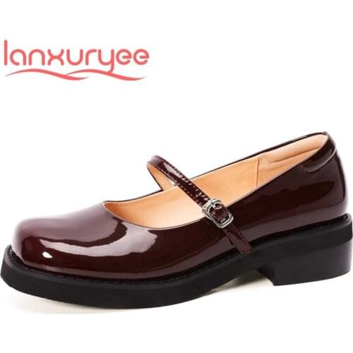 Lanxuryee preppy style vintage cow patent leather round toe thick med heel buckle straps solid daily wear dress women pumps L58