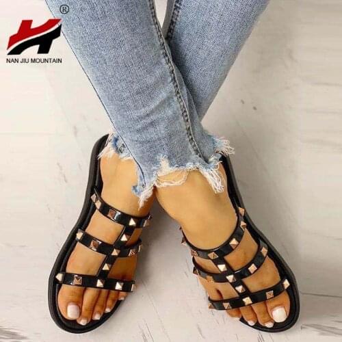 Summer Rivet Beach Shoes Fashion Solid Color Open Toe Flat Sandals Outdoor Casual Womens Shoes Plus Size