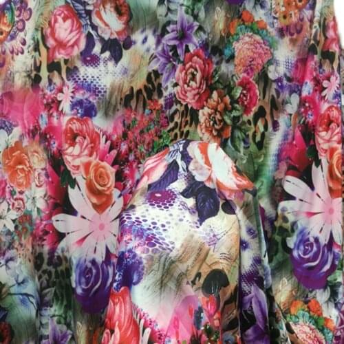 Milk silk four sides big elastic purple rose pink flower printed fabric for Latin dance diy sewing cloth fabric for curtain 1M