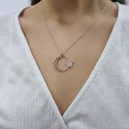 Star And Moon 925 Sterling Silver, Gold, Rose Plated Necklace For Women Girls Handmade Fashion Jewelry Elegant Minimalist